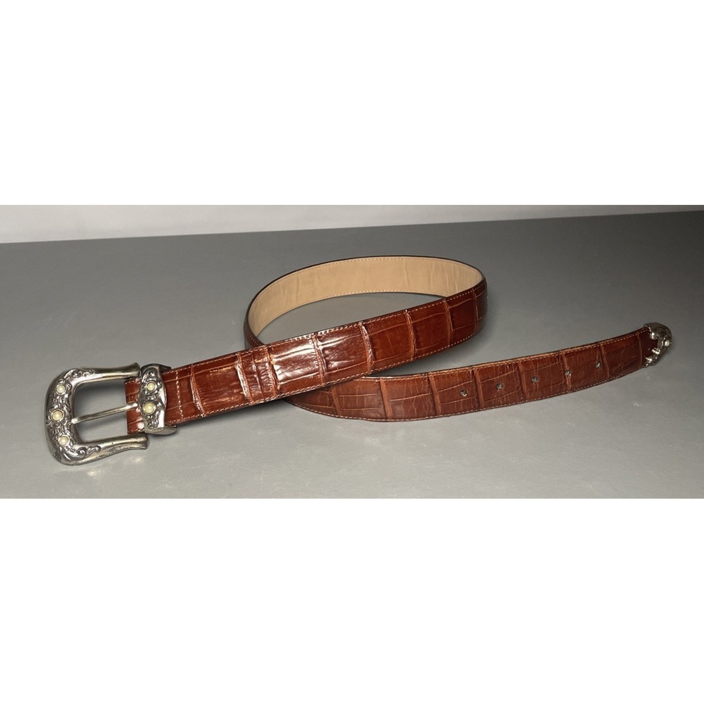 Vintage Brighton Western Faux‎ Pearl Croc Embossed Brown Leather Belt Size Large